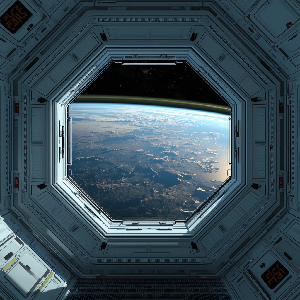 Futuristic commercial space station interior with view of earth from a large window, sleek design, no humans needed